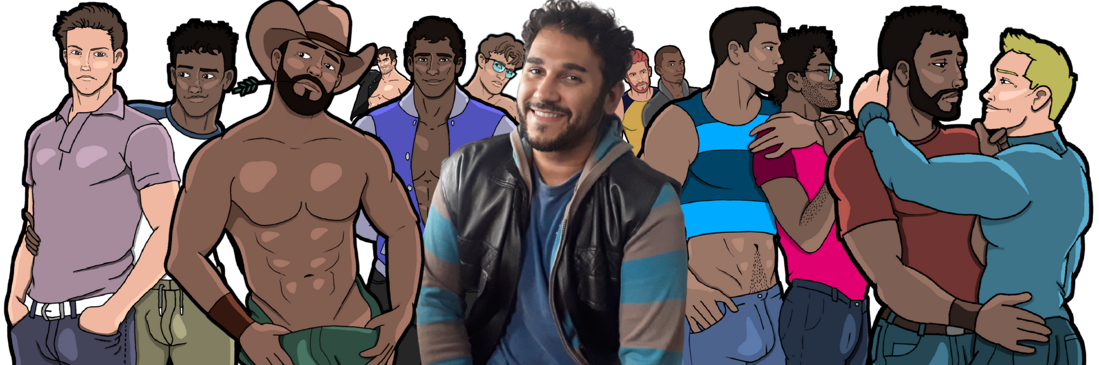 Banner com uma foto do autor Henri B Neto rodeado pelas ilustrações de seus personagens.